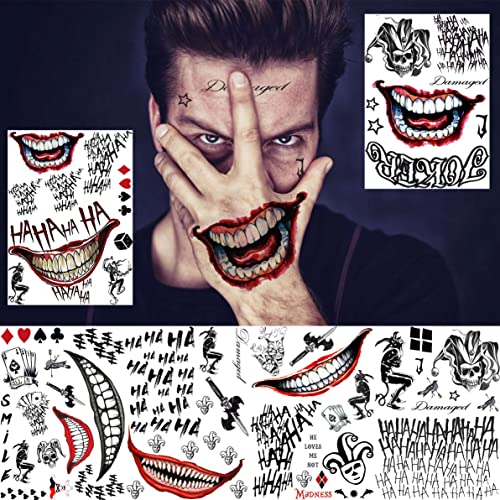 6 Sheets The Joker Temporary Tattoos For Halloween Makeup Kit, Suicide Squad Joker Tattoos Stickers For Women Men Adults, Damaged Tattoo Joker Hand Smile Face Poker Prisoner Costume Skull Set