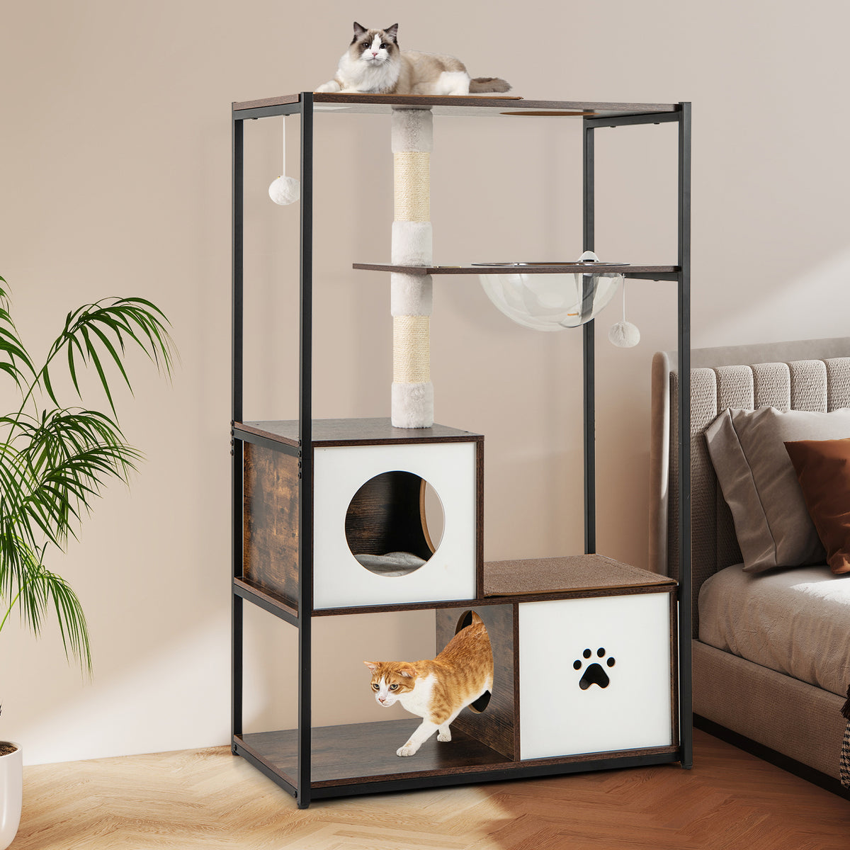 Wooden Cat Tree Tower with 2 Condos & Cushions - Style 2, Coffee