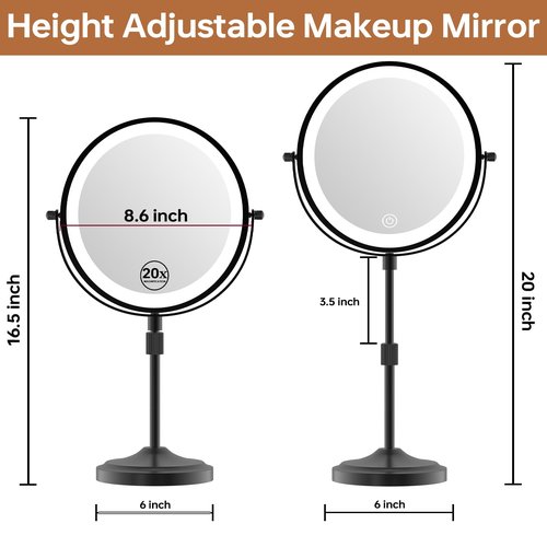 Erlingeryi 9" Magnifying Mirror with Lights 20X, Height Adjustable Lighted Makeup Mirror with Magnification, 5000mAh Rechargeable Battery, Dimmable, 3 Lighting Colors, Black