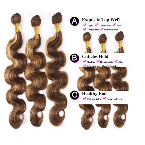 Biliisyff P4/27 Highlight Body Wave Ombre Honey Blonde Brazilian Human Hair Bundles 8 10 12 Inch 2 Tone Brown and Blonde Hair Wet and Wavy Bundles Brown Weft Hair Extensions for Black Women