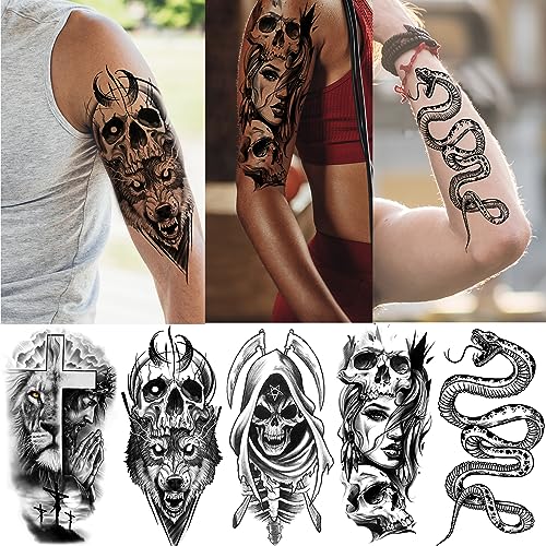 52 Sheets Black Halloween Temporary Tattoos for Kids Men Women, Include 10 Sheets Large Half Arm Sleeve Fake Tattoos, 200+ PCS Spider Snake Tiger Lion Skull Bat Vampire Scar Halloween Tattoos