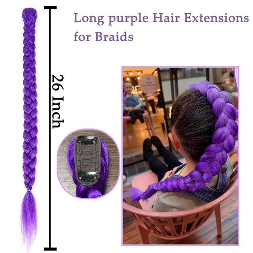 HAITOO Purple Hair Extensions for Braids, 26 Inch Extra Long Braided Ponytail Extension Easy Clip in Ponytail for Cosplay Stage Party Halloween Costume (26 Inch Ponytail)
