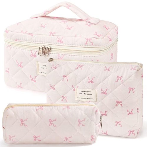 MZLUWM 3Pcs Makeup Bag Cute Cosmetic Bags for Women, Large Capacity Travel Quilted Makeup Bag Set,Cotton Floral Makeup Pouch, Coquette Puffy Toiletry Bag,Attractive Quilted Pouch (Pink bow)