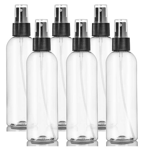 ljdeals 8 oz Clear Plastic Spray Bottles, Black Fine Mist Sprayer, Refillable Empty Bottles for Essential oils, Perfumes, Travel. Pack of 6, Made in USA