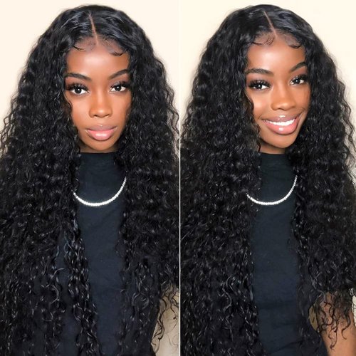 Bafamiya Natural Black Deep Wave Human Hair Wig 4x4 Lace Wig 20 Inch 200% Density Natural Black Wet and Wavy Lace Front Wigs with Baby Hair Pre Plucked For Black Women