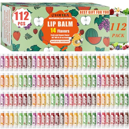 YOPELA 112 Pack Natural Lip Balm Bulk Lip Moisturizer with Vitamin E and Coconut Oil - Hydrating, Moisturizing, Soothing, and Repairing Dry and Chapped Lips Valentine's Gift - 14 Flavors - Non-GMO