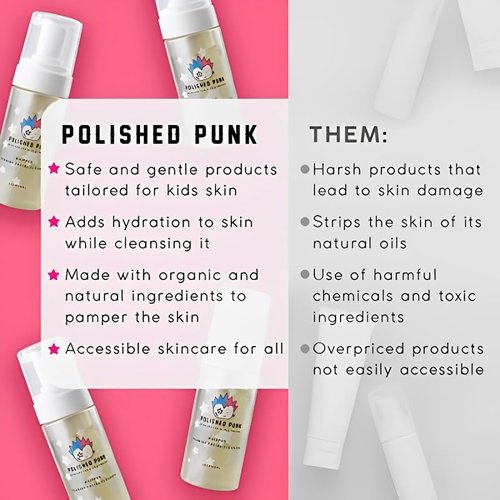 Polished Punk Natural and Organic Foaming Face Wash for Kids and Tweens, Soap and Fragrance Free Tear-Free Cleanser for Sensitive Skin with Botanical Extracts, Aloe, and Glycerin, 4 oz