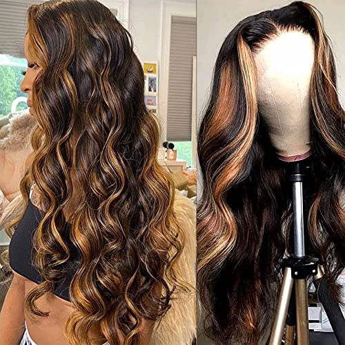 originea Balayage FB30 Body Wave Highlight 13x4 Transparent HD Lace Front Human Hair Wigs for Black Women 10A Brazilian Remy Hair Ombre Highlights Lace Frontal Wigs