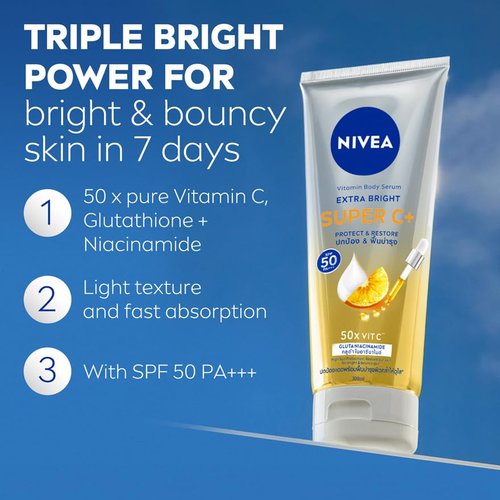 Nivea Extra Bright Super C+ Vitamin Body Serum Sunscreen, SPF50+ PA+++ Size 300 ml, 10.14 Oz (Pack Of 1)