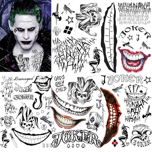 5 Sheets 3D Joker Tattoos Hand Halloween Makeup Kit, Prison Ghost Clown Damaged Joker Face Tattoo For Men Women Adults, Scary Prisoner Fake Temporary Tattoo Stickers Halloween Accessory Costume