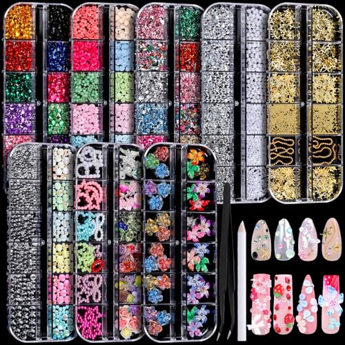 FANDAMEI Nail Charms, 8-Box Nail Charms and Gems, Fruit Bow Hawaii Flowers Petals 3D Nail Art Charms Bulk, Charms Y2K for Nails, Colorful Bubble Beads Nail Rhinestones, Gold Studs Nail Pearls for DIY