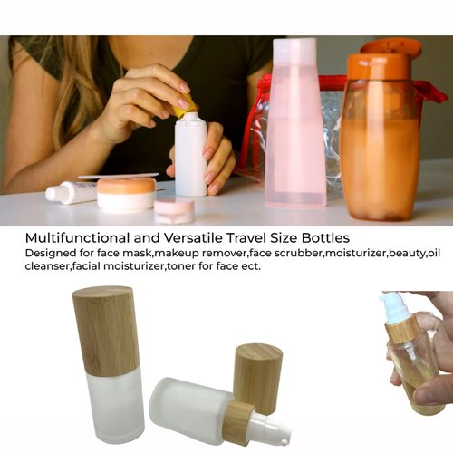 BEECO GIF2U Empty Cosmetic Bottles 1oz/30ml 4 PACK with Bamboo Cap,Frosted Glass Lotion Pump DispenserRefillable Emulsion Cosmetic Cream Bottles, Toiletries Refill Travel Containers(Frost Clear)