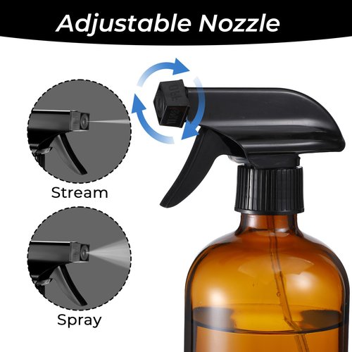 Pafeooui 6 Pack Amber Glass Spray Bottles, Refillable 16 oz Empty Bottle with Durable Adjustable Nozzles for Cleaning Solution, Spray Bottles for Hair, Plants, Cleaner, Essential Oil