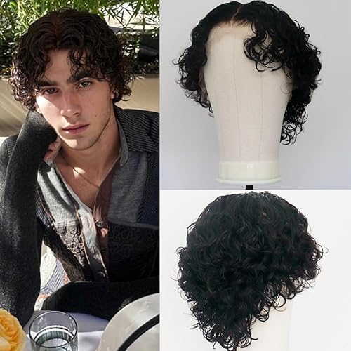 Mens 13X6 Lace Front Human Hair Wigs Loose Curly Short Cut Brazilian Real Human Hair Lace front wigs for Male Boy Cut Shaved Replacment Wig for Daily Wear 180Density