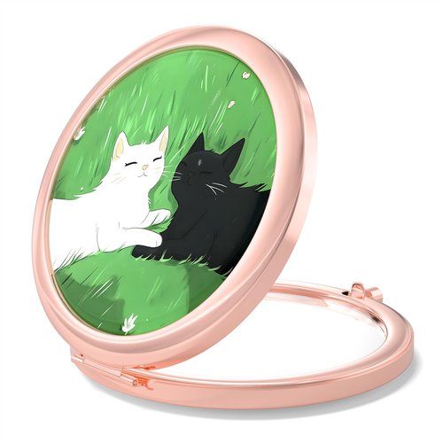 Nipichsha Compact Mirror, Pocket Travel Makeup Mirror, 2 - Sided 2X / 1X Magnification, Small Folding Portable Handheld, 2.75 in Rose Gold, Happy Cats