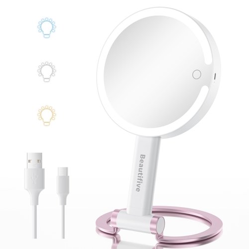 Beautifive 7" Magnifying Mirror with Light, Rechargeable Double-Sided 10X/1X Handheld Mirror with Light, Stepless Dimming Touch 3 in 1 Hand Held Mirrors for Desk Hanging, Pink Detachable Base