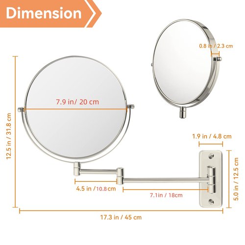 AumVum 8" Extendable Bathroom Mirror Wall Mount with 1X/10X Magnification, 360° Swivel Double Sided Vanity & Shaving Mirror, Nickel Finish (No Light)