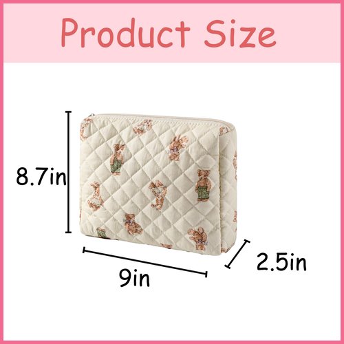 Quilted Cotton Makeup Bag 2Pcs Coquette Cosmetic Bag,Large Soft Floral Travel Toiletry Bag for Women and Girls (01Bear)