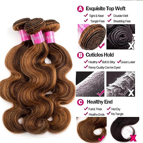 Ombre Body Wave Highlight Bundles with Closure 3 Bundles with 4x4 Lace Closure Free Part Virgin Brazilian Hair Weave (10 12 14+8, P4/27)