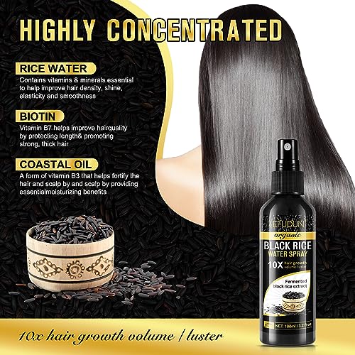 (3Pc) Organic Black Rice Water Spray for Hair Growth, A Solution with Castor Oil & Ginger Root Extract for Thicker, Fuller Hair, Targets Hair Loss and Repairs Damage 300ml/9.6 fl.oz