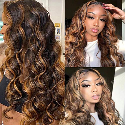 UNice Ombre Brown Highlight Body Wave Human Hair Weave 1 bundle 28 inch, Brazilian Remy Hair Dark Root Blonde Human Hair Weaves Extension Piano Color TFB30
