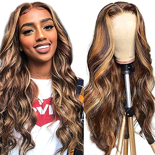 Highlight Ombre 13x4 HD Lace Front Wig Human Hair Pre Plucked Transparent 4/27 Honey Blonde lace frontal Wigs with Baby Hair 150% Density Colored Body Wave Lace Front wig Human Hair 30 Inch