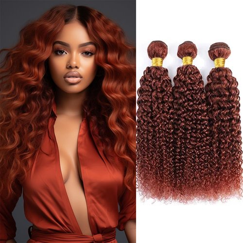 Color 33 Bundles Reddish Brown Kinky Curly Human Hair Bundles 10 12 14 Inch Double Weft Brazilian Virgin Reddish Brown Remy Hair Extensions for Black Women