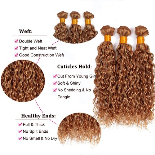 Color 27 Human Hair Bundles 27/30 Water Wave Bundles 12 12 12 Inch Huxowax Unprocessed Virgin Remy Hair Extensions Light Brown Color