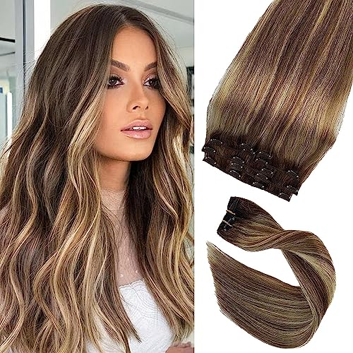 Human Hair Clip in Extensions Brown to Blonde Balayage Clip ins Extensions Remy Human Hair 16 Inch Clip on Extension Bleach Blonde Highlights Hair Extensions for Women Clip in 7Pcs 70g