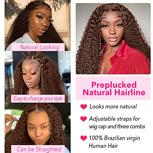 250% Density Mongolian Curly Lace Front Wigs Human Hair 13x6 Auburn Brown HD Transparent Lace Front Wigs Human Hair for Women With Baby Hair Chocolate Deep Curly Lace Frontal Wig