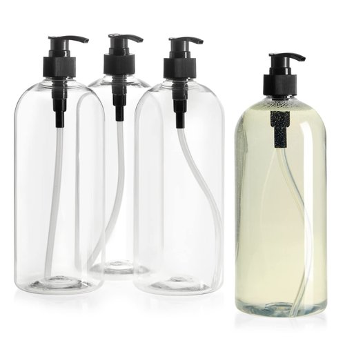 Okuna Outpost Refillable Shampoo & Conditioner Pump Bottles - 34 Oz Shampoo Pump Bottles - Non-Spill Saves Waste & Body Wash Dispenser - Hand Soap & Lotion Dispensers - Pack of 4, Clear/Black Top