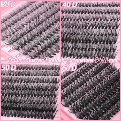 Lash Clusters Kit, 640 Pcs Eyelashes Clusters Extensions Kit 9-16mm Individual Lashes D Curl Fluffy Wispy False Eyelashes Thin Band, with Bond Seal Tweezers Brush DIY (30D+40D+50D+60D Kit 9-16mm)