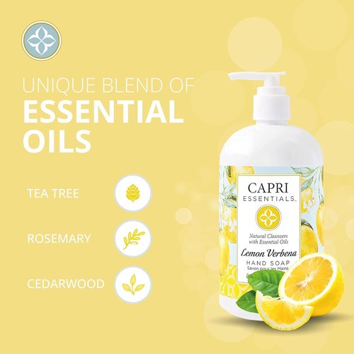 CAPRI ESSENTIALS Hand Soap Liquid, Natural Household Cleaning Supplies, Gentle Plant Based Aromatic Hand Wash, Blend of Essential Oils, Removes Dirt & Grime, Lemon Verbena Scent, 16 FL Oz (6 Pack)