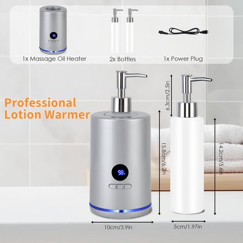 Massage Oil Warmer with 2 Bottles, Professional Electric Lotion Warmer Bottle, Digital Display, Rapid Heating, Automatic Massage Oil Heater for Salon Spa Massage (Silver)