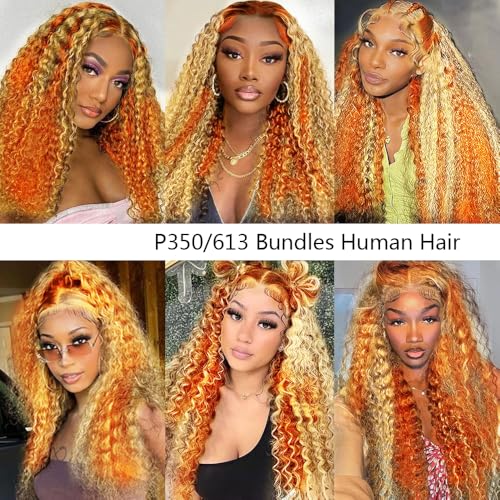16 18 20 Inch Ginger Bundles Human Hair Deep Wave Bundle P350/613 Highlight Blonde 3 Bundles 300g/Pack Unprocessed Brazilian Virgin Hairs Double Weft Weaves Hair Extensions
