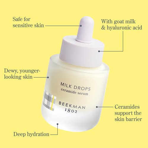 Beekman 1802 Milk Drops Ceramide Facial Serum - Squalane Oil, Hyaluronic Acid & Goat Milk Face Moisturizer - Boosts Skin Radiance & Hydrates Deeply - Fragrance Free, Cruelty Free