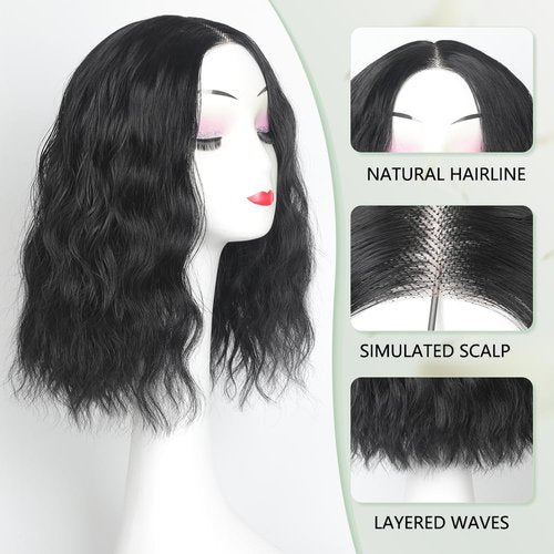 GUDOZO Short Wavy Wig for Women 14Inch Shoulder Length Curly Wavy Bob Synthetic Heat Resistant Fiber Wigs for Daily Party Use Black Mix Brown
