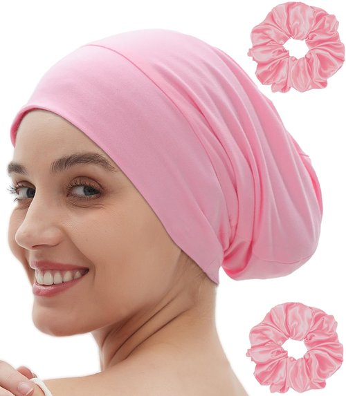 Satin Lined Sleep Cap Bonnet for Sleeping Women, Silk Satin Bonnet for Curly Braids Hair Wrap Cover Night Cap Slouchy Beanie Pink