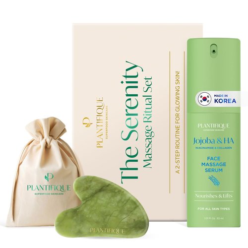 PLANTIFIQUE Massage Ritual Set: Premium Certified Jade Gua Sha + Jojoba Oil & HA Serum Skin Care Set, Birthday Gifts for Women, Teens, Mom, Brides