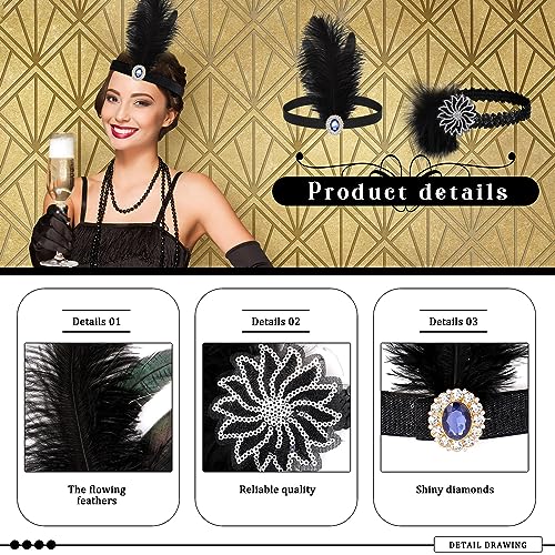 Ceenna 24 Pcs 1920s Flapper Headbands Roaring 20s Black Feather Headpiece for Women 1920s Hair Feather Accessories Birthday Party Hair Costume Decorations