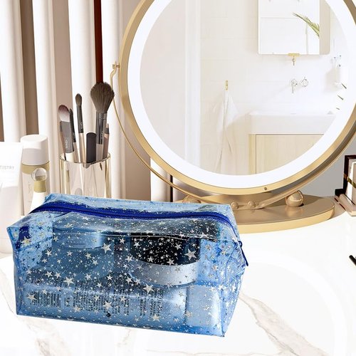 TotePrint 1PCS Star Printing Clear Cosmetics Makeup Bag Waterproof Travel Toiletry Storage Bag Vinyl Plastic PVC Zippered Organizer for Girls Friends Women (pink)