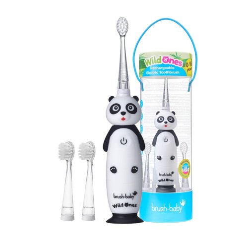 BrushBaby - WildOnes - Kids Rechargeable Electric Toothbrush, Ages 0-10 - Pan-Pan Panda Design with Flashing Lights - DeepClean Bristles for Superior Cleaning - 2 Replacement Brush Heads, 1 USB Cable