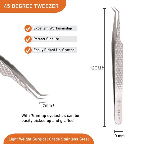 Glory 45 Degree Angle Lash Tweezers for Eyelash Extensions – Precision Fiber Tip Diamond Grip Stainless Steel Lash Tool for Classic Volume & Professional Lash Tech Supplies