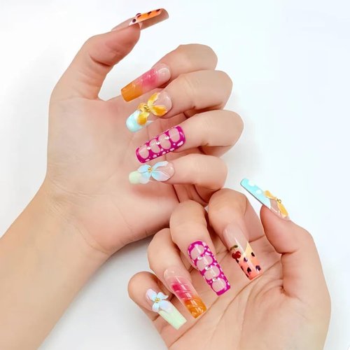 Handmade Press on Nails Long Square Thick Acrylic Nails Tropical Flower Fake Nails with Glue,False Nails with 3D Cherry Designs French Tip Reusable Nature Stick on Nail for Wome (Size M)