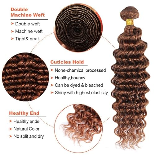 Color #30 Human Hair Deep Wave Bundles 8A Grade Peruvian Virgin Hair 3 Bundles 12 14 16 Inch Brown Hair Extensions