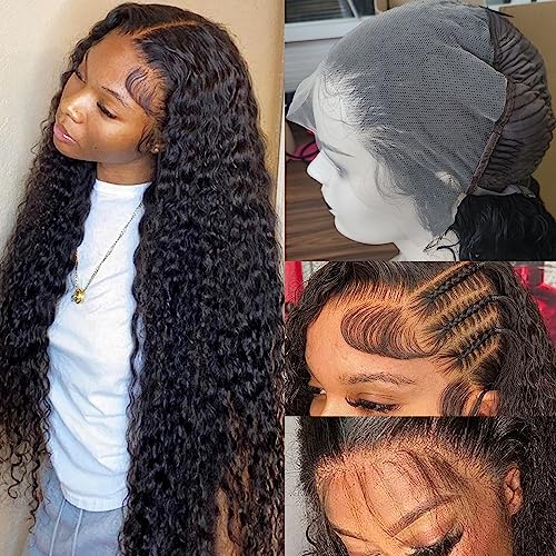 Lemoda Deep Wave 13x6 Full Lace Frontal Wigs Human Hair 200% Density HD Lace Pre Plucked Deep Wave Frontal Wig Human Hair Curly Wig for Black Women Wet and Wavy Wig 22Inch Natural Color