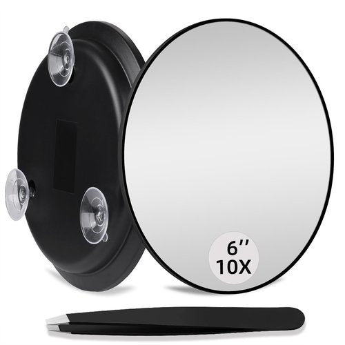 JJhxr 10X Makeup Magnifying Mirror, Round 6inch Travel Magnified Mirror with 3 Suction Cups Mounting, 10X Handheld Travel Magnification and Tweezers Kit, Use for Blackhead/Blemish Removal