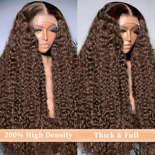 Chocolate Brown Lace Front Wigs Human Hair 13x6 Deep Wave Lace Front Wigs Human Hair 200 Density HD Colored Deep Curly Lace Frontal Wigs for Women Pre Plucked with Natural Hairline (Brown Wig, 30inch)