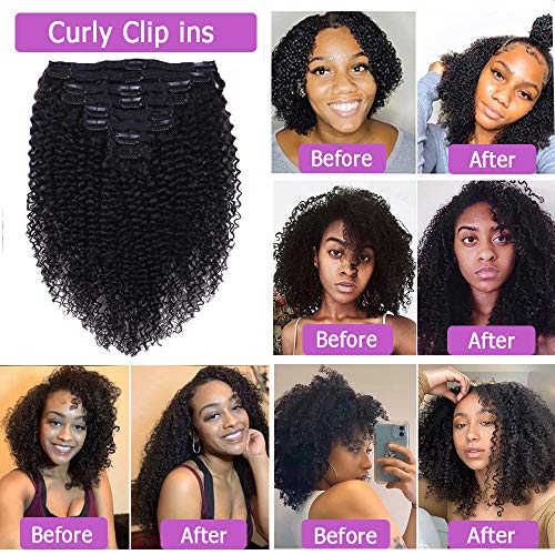 Curly Clip In Extension Human Hair 3C 4A Kinky Curly Clip Ins Full Head for Black Women Brazilian Remy Human Hair Natural Color 8Pcs with18clips 120g/Set (30 inch, curly wave)