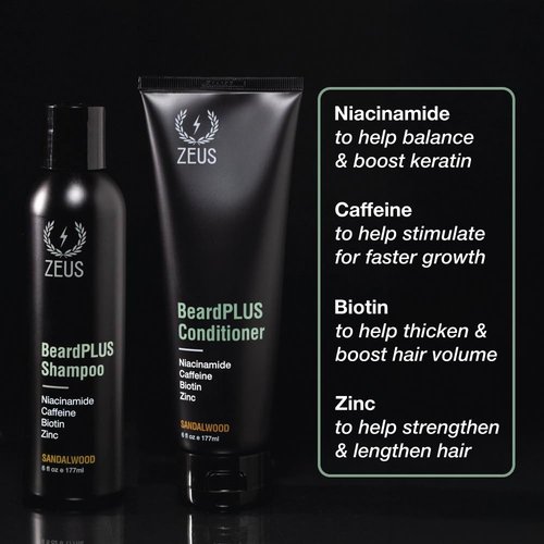 ZEUS BeardPlus Beard Shampoo & Conditioner Set for Men, Beard Growth Treatment for Hydration, Softness & Thickness with Biotin & Caffeine (Made in USA) Combo Set
